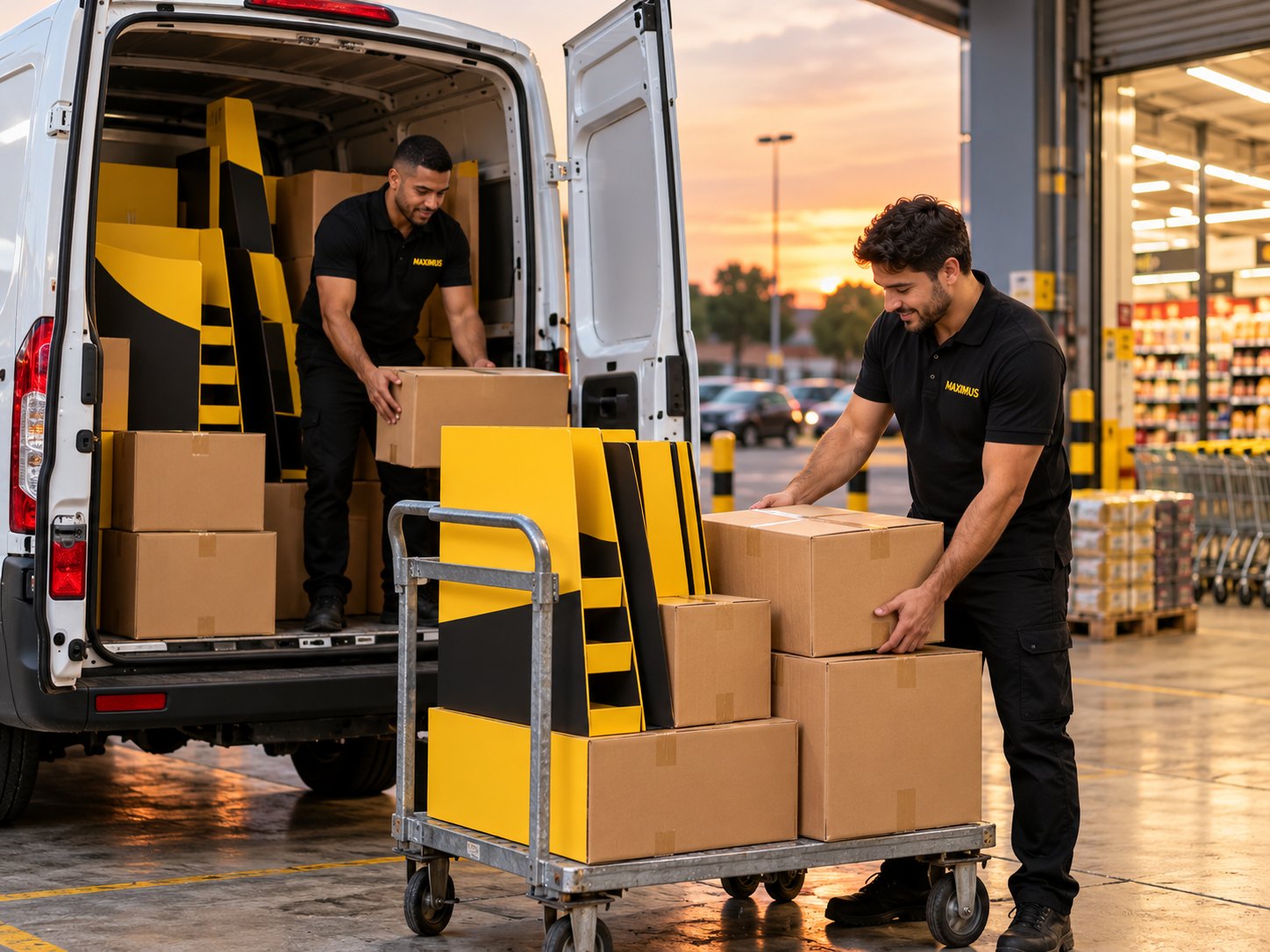 Equipe descarregando materiais de PDV de uma van na doca do supermercado