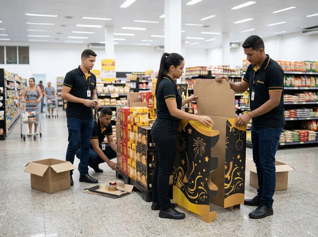 Equipe da Maximus montando uma ilha promocional de fim de ano no supermercado