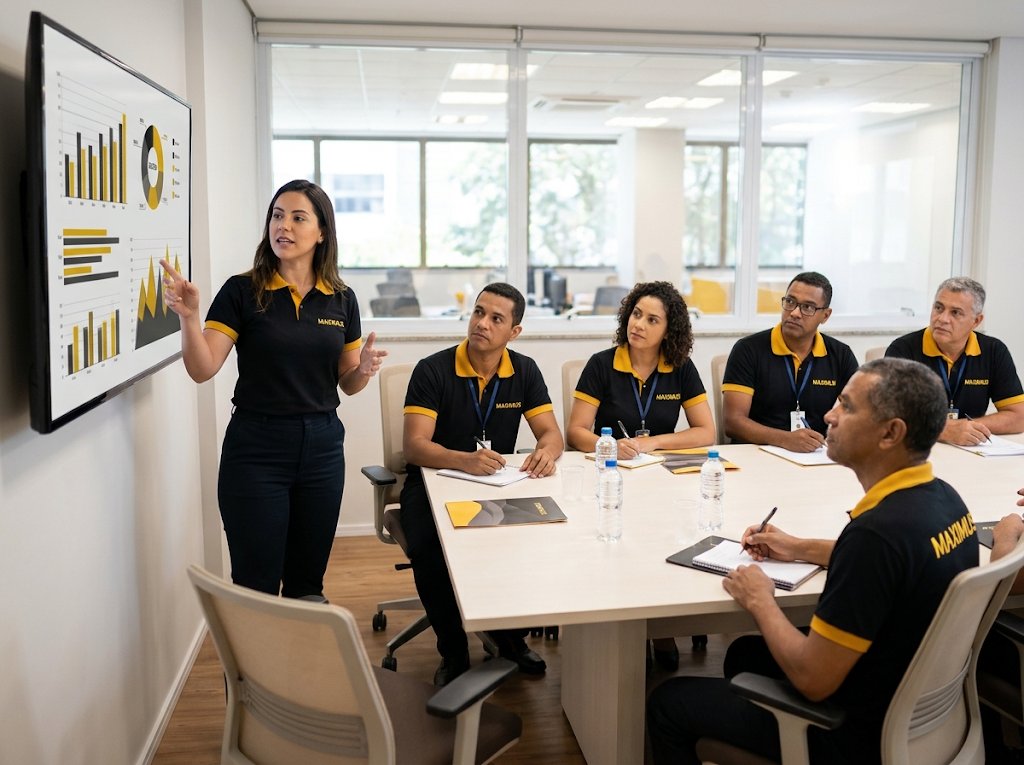 Treinamento da equipe de promotores da Maximus em sala de reunião