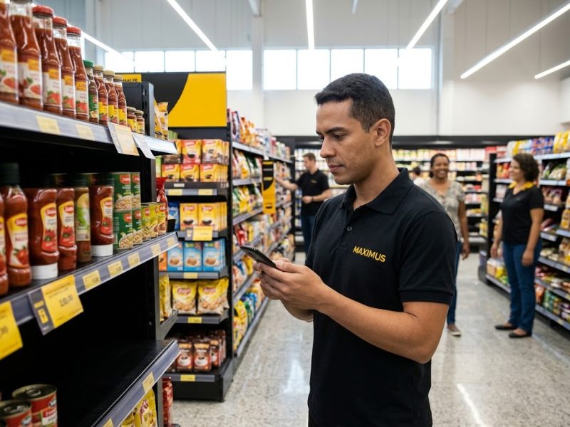 Promotor da Maximus registrando preços e ruptura no celular em frente à gôndola