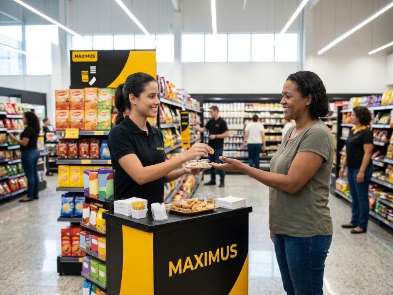 Promotora da Maximus em estande de degustação oferecendo amostra a uma cliente