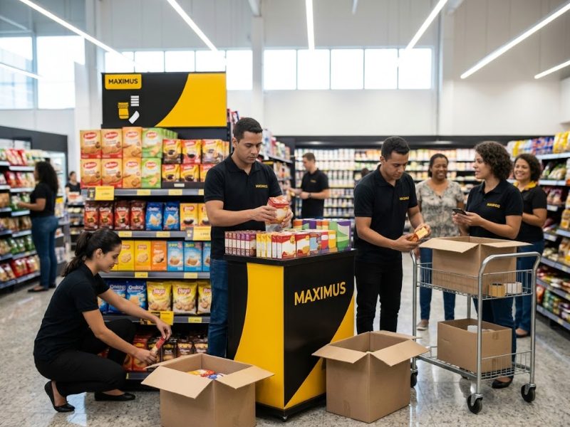 Equipe da Maximus montando ilha de produtos em uma blitz sazonal