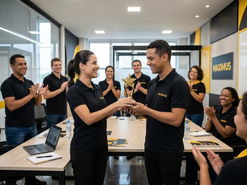Supervisora da Maximus premiando promotor destaque em campanha de incentivo