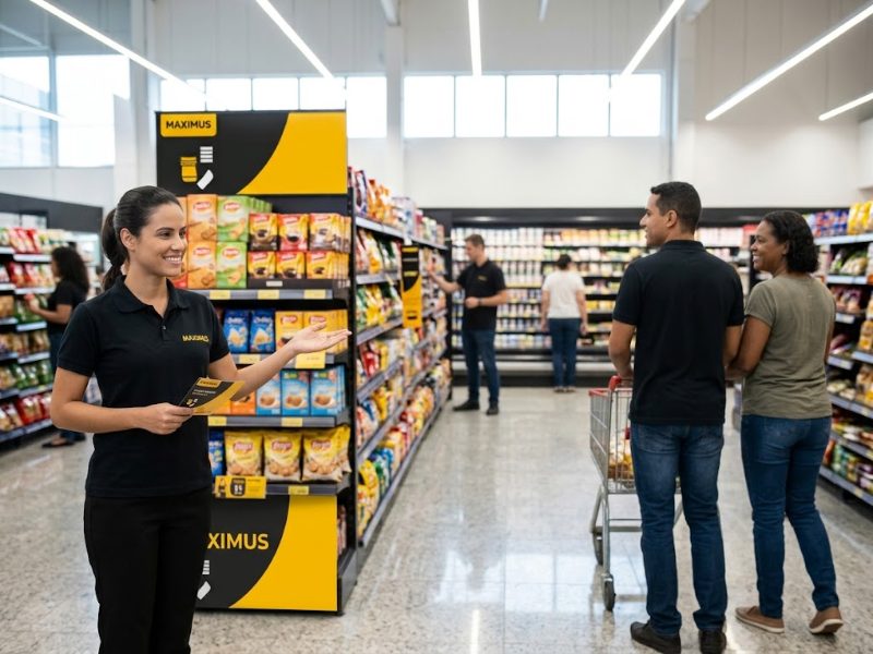 Promotora da Maximus em ilha promocional no corredor do supermercado