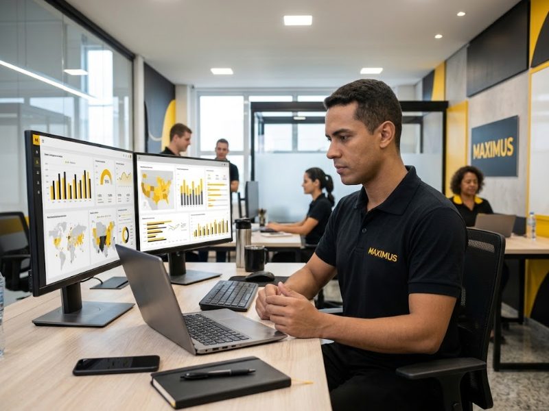 Gestor da Maximus analisando painel de BI com indicadores do PDV