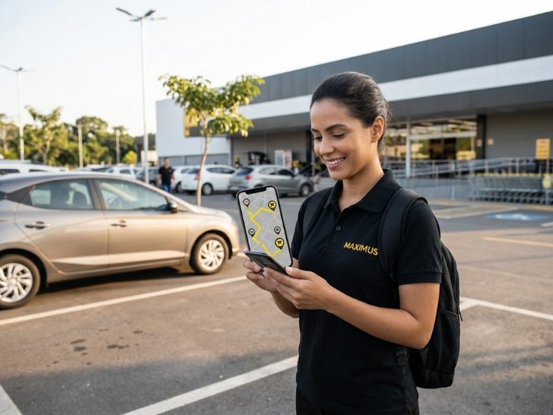 Promotora da Maximus conferindo rota otimizada no celular